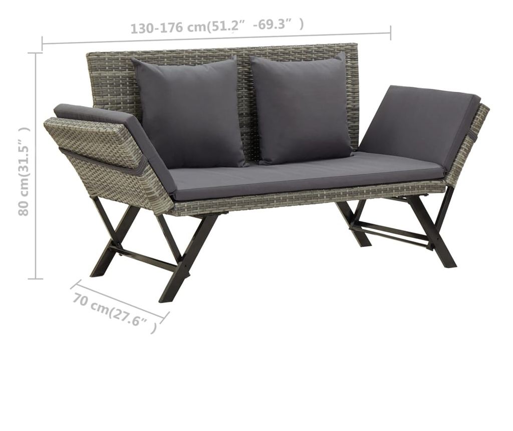 Vrtna klupa s jastucima, siva, 176 cm, polyrattan - 9