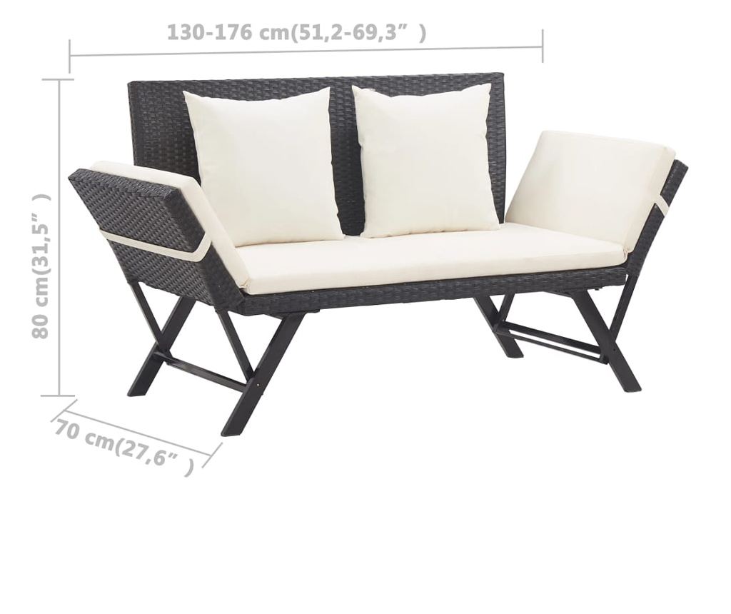 Vrtna klupa s jastucima, crna, 176 cm, polyrattan - 10