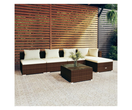 Комплект градински мебели с възглавници, 6 броя, кафяв, полиратан