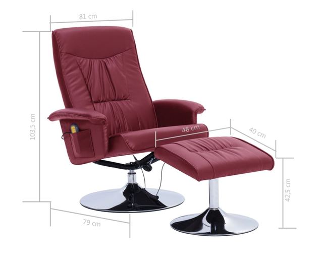 Naslonjač za masažu s tabureom, vinsko crvena, umjetna koža