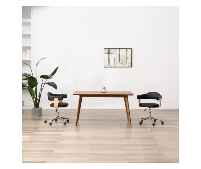 Črn vrtljiv kuhinjski stol iz ukrivljenega lesa in umetnega usnja