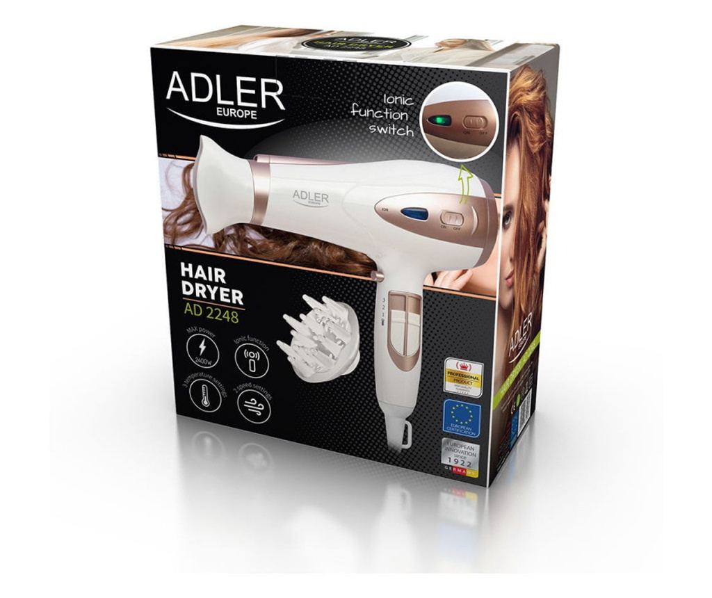 Сешоар Adler AD 2248, 2200W, 2 скорости, 3 темп., Йонизация, Студена струя, Дифузер и концентратор, Бял/бронз - 10