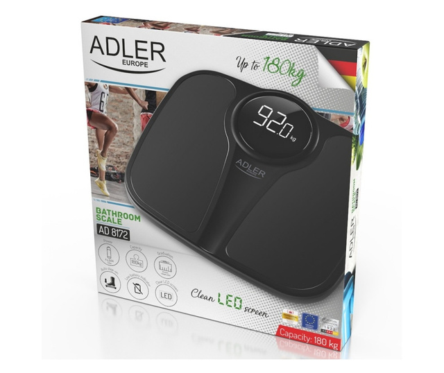 Дигитален кантар Adler AD 8172B, 180 кг, LED дисплей, 34х31 см, Автоматично изключване, Черен