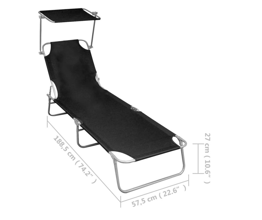 Zložljiv ležalnik s senčnikom, črn, aluminij - 7