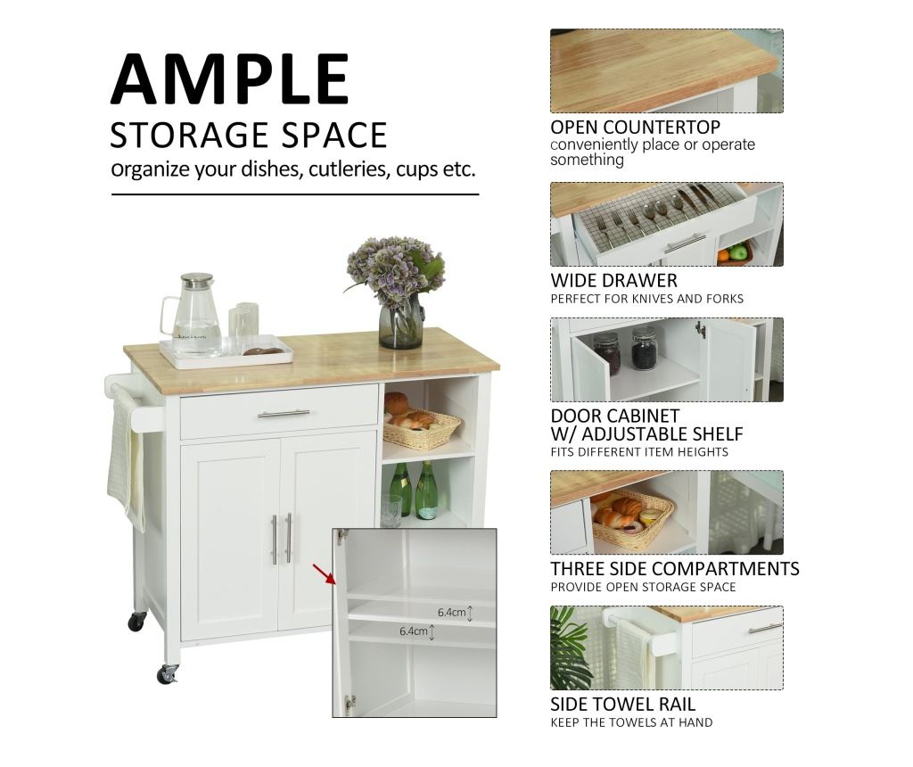 HOMCOM Carucior de Bucatarie Economisire Spatiu Bufet din Lemn MDF Alb 107,5x48x89cm HOMCOM - 5