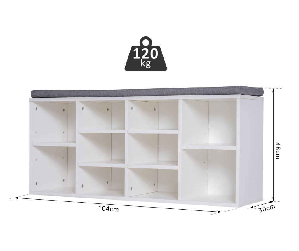 Homcom Bancuta Dulap Pantofi Cu Rafturi Reglabile In Lemn Alb Si Gri, 104x30x48cm - 2