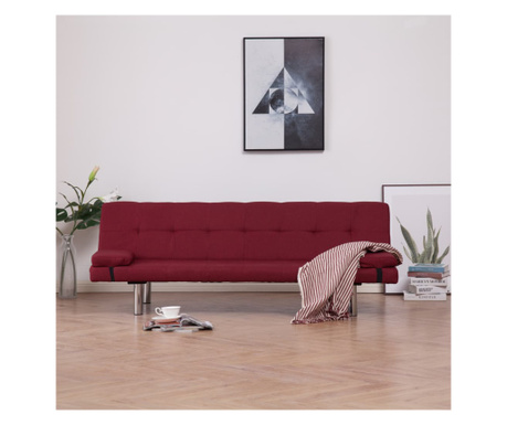 Разтегателен диван с две възглавници, виненочервен, полиестер