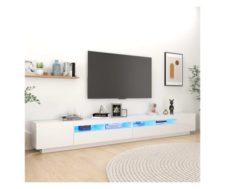 ТВ шкаф с LED осветление, бял гланц, 300x35x40 см