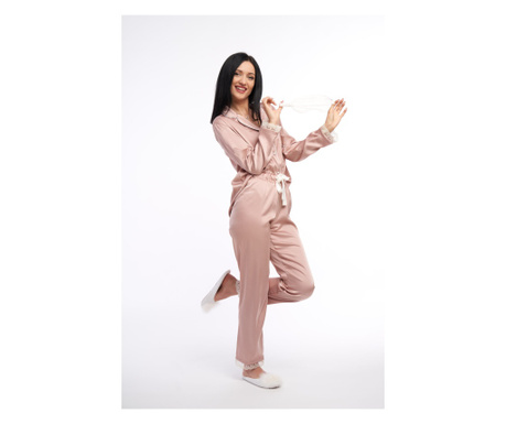 Pijama Dama Roz Champagne din Satin de Matase cu Dantela XS