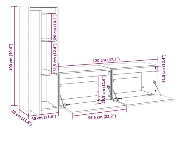 TV komode, 3 kom., bijela, masivno drvo bora