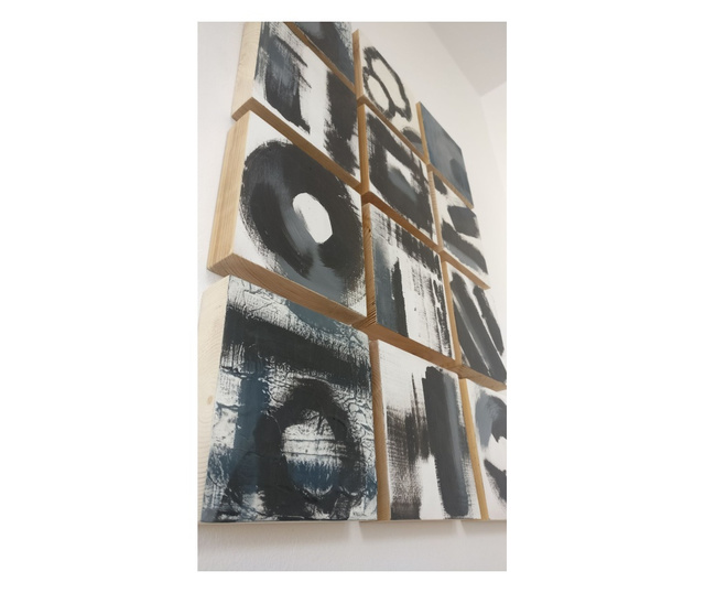 Set 12 tablouri abstracte DhARK, vopsea acrilica pe lemn, design minimalist, 17x17x3,5 cm/buc