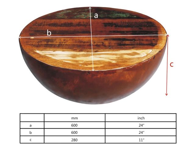 Măsuță cafea, formă de bol, bază din oțel, lemn masiv reciclat