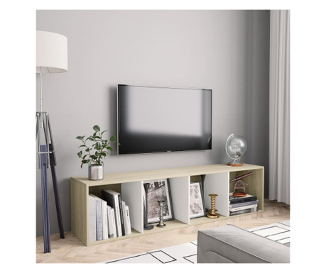 Biblioteca/Comoda TV, alb & stejar Sonoma, 143 x 30 x 36 cm