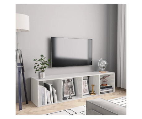 Biblioteca/Comoda TV, alb extralucios, 143 x 30 x 36 cm