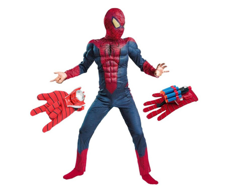 Costum Spiderman cu muschi Infinity War pentru copii si doua lansatoare pentru baiat 3-5 ani 95-110 CM