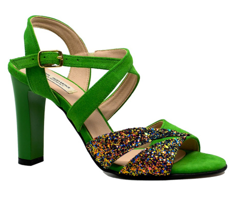 Sandale dama elegante cu toc inalt, din velur verde si glitter-  39 EU