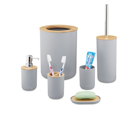 Set accesorii baie Relaxdays, perie wc, cos gunoi, dispenser sapun, suport periute, pahar, suport sapun, Gri