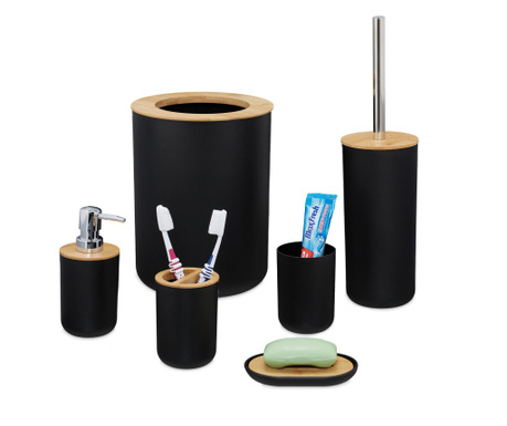 Set accesorii baie Relaxdays, perie wc, cos gunoi, dispenser sapun, suport periute, pahar, suport sapun, negru