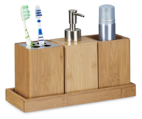 Set dispenser sapun cu suport periute de dinti si suport tip pahar din bambus, Relaxdays, 18,5 x 25 x 10,5 cm