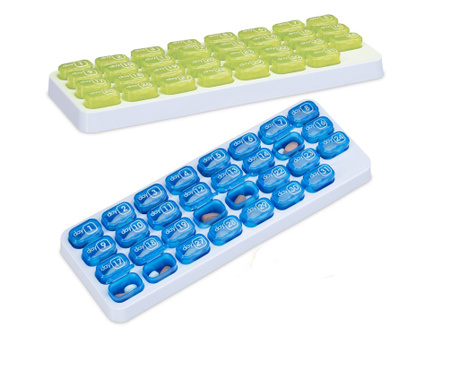 Set 2 cutii medicamente, compartimentat 31 de zile, albastru/verde