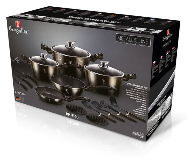 Set oale si tigai marmorate 17 piese, cu capace Shiny Black Berlinger Haus BH 7146