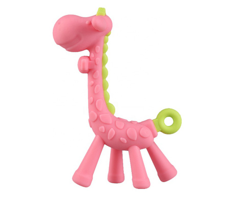 Jucarie pentru dentitie babynio, in forma de girafa, din silicon alimentar, fara bpa, roz  12.5 cm