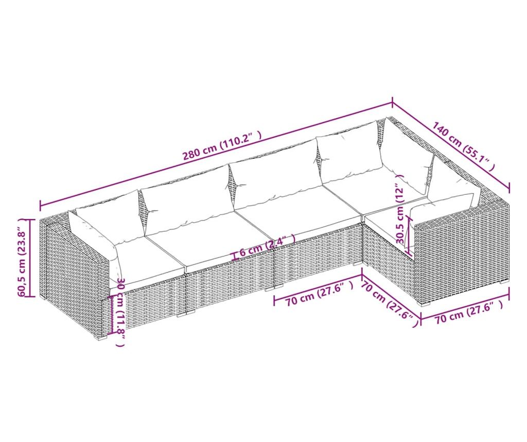 Градински лаундж комплект с възглавници 5 части кафяв полиратан - 5