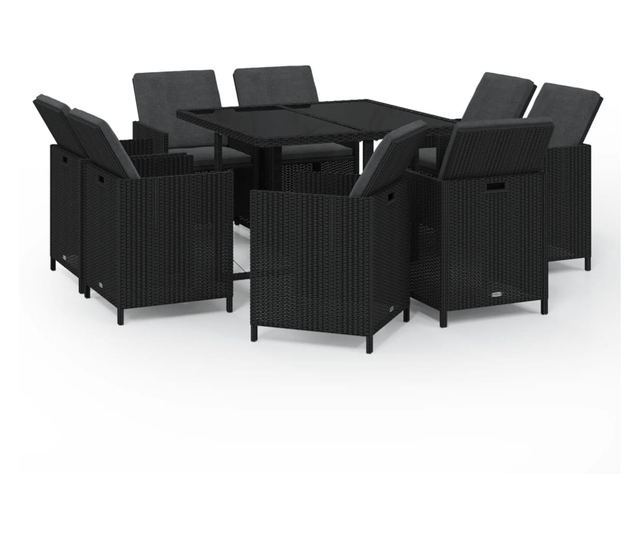 Vrtni namještaj s jastucima, 9 dijelova, crna, poliratan