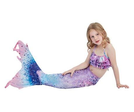 4 Piece Set Mermaid Swimsuit THK, zawiera górę, dół, syreni ogon i dodatek do kostiumu, Star Blue, 110 cm