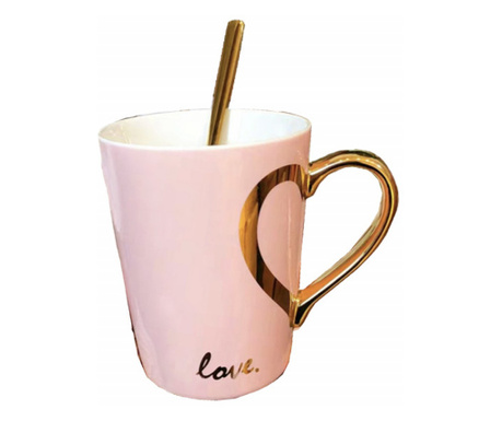 Cana cu capac din ceramica si lingurita Pufo Love pentru cafea sau ceai, 350 ml, roz