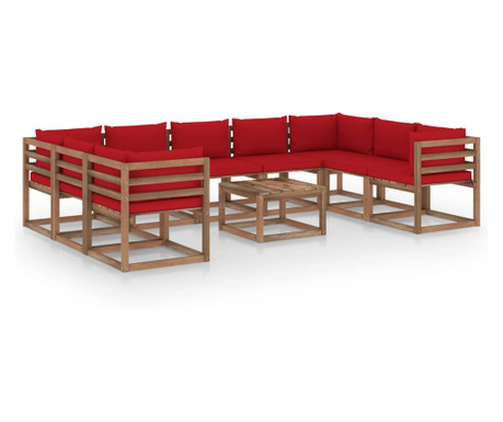 Set mobilier de grădină, 10 piese, cu perne roșii