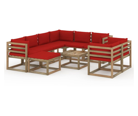 Set mobilier de grădină, 10 piese, cu perne, roșu