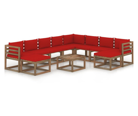 Set mobilier de grădină cu perne roșii, 11 piese