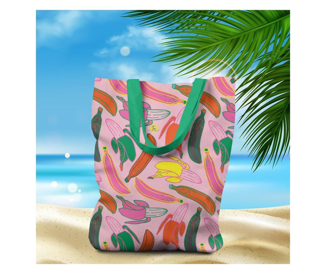 Geanta de plaja handmade tote liner cu captuseala, pattern cu banane, multicolor, 45x37 cm