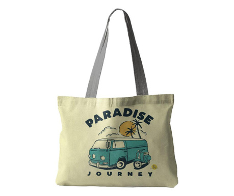 Geanta de plaja handmade Tote Fatty cu captuseala, paradise journey vw bus si scuter vespa vintage la plaja, multicolor, 37x45 c