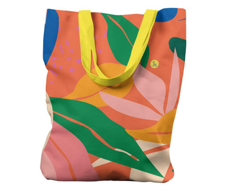 Geanta de plaja handmade tote liner cu captuseala, pattern cu frunze exotice, multicolor, 45x37 cm