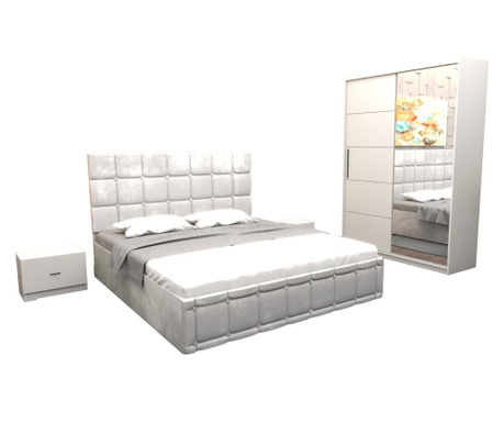 Set dormitor regal cu pat tapitat alb stofa 160x200 cm cu dulap usi glisante alb cu oglinda 150x200x61 cm si fara comoda tv