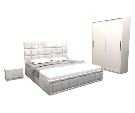 Set dormitor regal cu pat tapitat alb stofa 160x200 cm cu dulap usi glisante alb fara oglinda 150x200x61 cm si fara comoda tv
