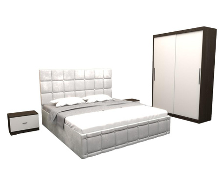 Set dormitor regal cu pat tapitat alb stofa 160x200 cm cu dulap usi glisante wenge fara oglinda 150x200x61 cm si fara comoda tv