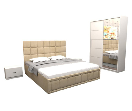Set dormitor regal cu pat tapitat bej stofa 160x200 cm cu dulap usi glisante alb cu oglinda 150x200x61 cm si fara comoda tv
