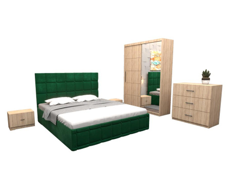 Set dormitor regal, cu pat tapitat verde stofa 160x200 cm cu dulap usi glisante sonoma cu oglinda 150x200x61 cm si cu comoda tv