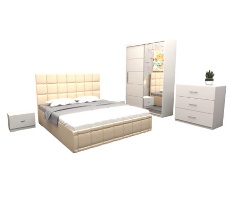 Set dormitor regal cu pat tapitat crem imitatie piele 160x200 cm cu dulap usi glisante alb cu oglinda 150x200x61 cm si cu comoda
