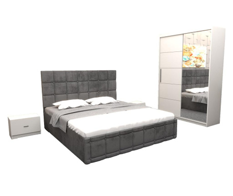 Set dormitor regal cu pat tapitat gri stofa 160x200 cm cu dulap usi glisante alb cu oglinda 150x200x61 cm si fara comoda tv