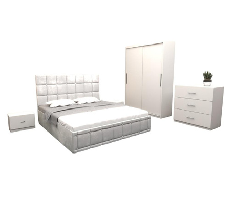 Set dormitor regal, cu pat tapitat alb stofa 160x200 cm cu dulap usi glisante alb fara oglinda 150x200x61 cm si cu comoda tv