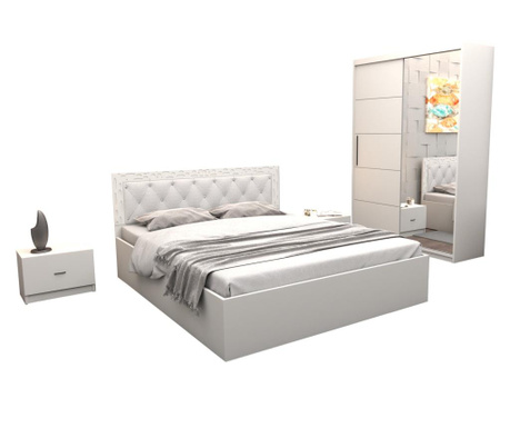 Set dormitor maia alb, pat 160x200 cm si noptiere 48x32x35 cm si dulap cu oglinda si usi glisante 150x200 cm