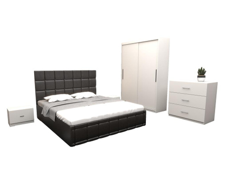 Set dormitor regal cu pat tapitat negru imitatie piele 160x200 cm cu dulap usi glisante alb fara oglinda 150x200x61 cm