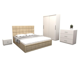 Set dormitor regal, cu pat tapitat crem imitatie piele 160x200 cm cu dulap usi glisante alb fara oglinda 150x200x61 cm