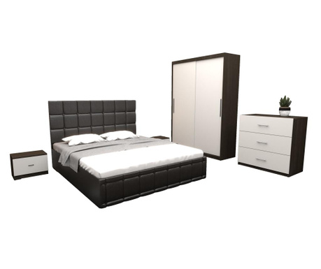 Set dormitor regal cu pat tapitat negru imitatie piele 160x200 cm cu dulap usi glisante wenge fara oglinda 150x200x61 cm