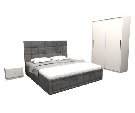Set dormitor regal, cu pat tapitat gri stofa 160x200 cm cu dulap usi glisante alb fara oglinda 150x200x61 cm si cu comoda tv
