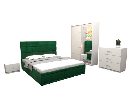 Set dormitor regal cu pat tapitat verde stofa 160x200 cm cu dulap usi glisante alb cu oglinda 150x200x61 cm si cu comoda tv